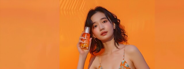 Joyful Asian Woman Showcasing Skincare Product with Neo Pop Styling