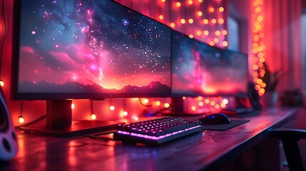 Obraz premium A realistic and immersive scene of a high-tech gaming station, showcasing a sleek setup with multiple monitors, vibrant LED lights, and advanced peripherals.