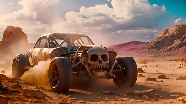 Rustic Off-Road Car with Skull Design in Desert with Ai generated.
