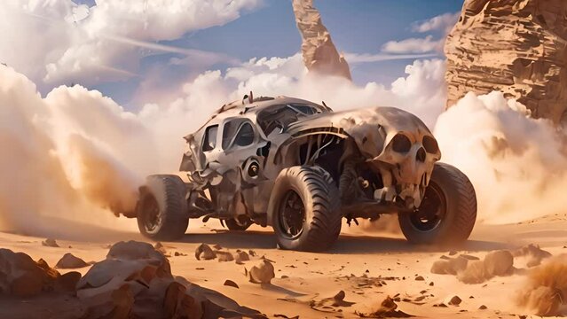 Post-Apocalyptic Vehicle in Desert Landscape with Ai generated.
