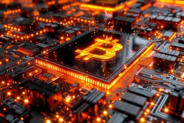 Fototapeta premium A MakerDAO logo on a yellow background, with decentralized finance circuits, the coin sparkles in gold and green, appearing to float above a financial digital landscape, surrounded by a white border