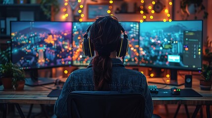 Obraz premium A realistic depiction of a gamer in front of a professional streaming setup, with a camera, microphone, green screen, and dual monitors showing the game and chat overlay.