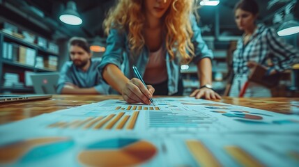 Woman analyzing data in office meeting. Focused businesswoman analyzing data charts on a table during a collaborative meeting in a modern office setting.