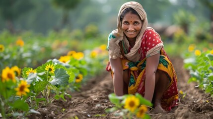 Fototapeta premium Happy girl enjoying nature in a field of flowers during springtime