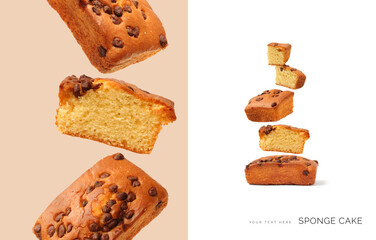 Creative layout made of sponge cake on the white and beige background. Food concept. Macro concept.