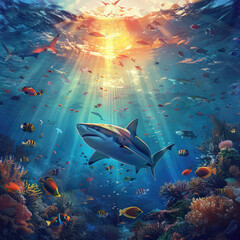 Fototapeta premium Aquatic Symphony: Witnessing the Harmony of Sea Creatures and Coral Reefs