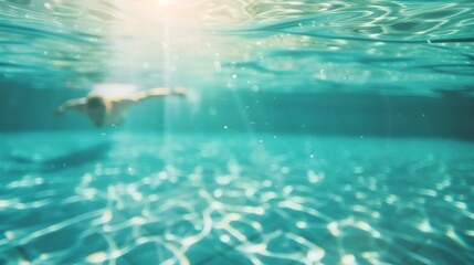 a person swimming in a crystal-clear pool, blending the serenity of water with fitness with focus on, swimming theme, ethereal, Double exposure, pool backdrop