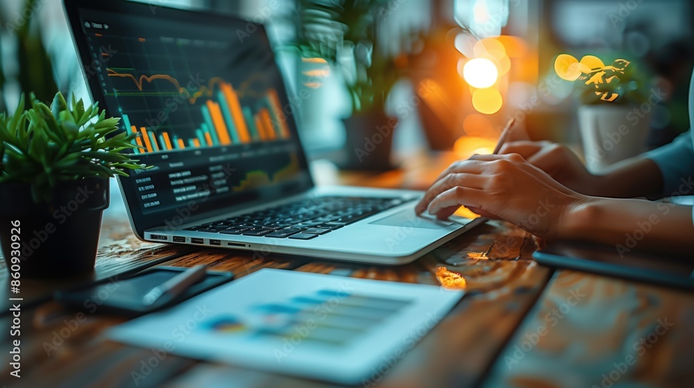 Poster analyzing financial data on laptop. hands typing on a laptop analyzing financial data with charts an