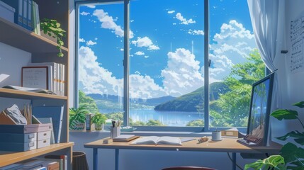 Fototapeta premium work/study space overlooking the beautiful lake and mountains creates a comfortable and calm atmosphere, making the mind more relaxed and focused when working