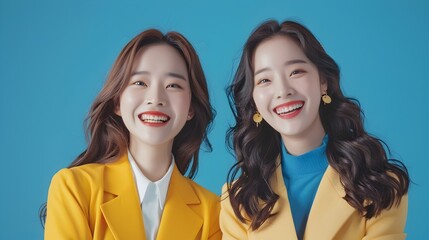 Two Vibrant Smiling Women in Playful Modern Costumes Against Blue Background