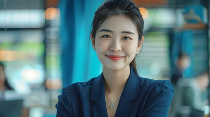 Naklejka premium Young Confident Asian Businesswoman Smiling at in Corporate Office Setting