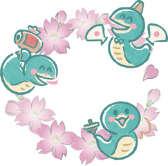 フレーム　年賀状2025　年賀2025　巳年　巳　へび　蛇　手描き　水彩　桜　かわいい　イラスト素材