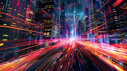 Dynamic cityscape at night with streaks of light motion blur