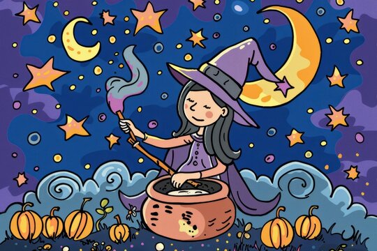 Cartoon cute doodles of a friendly witch brewing potions in a bubbling cauldron under a starlit sky, Generative AI