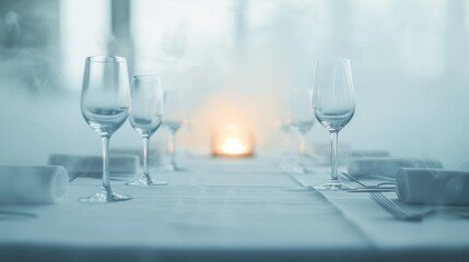 Obraz premium A minimalist winter table setting featuring elegant glassware and a soft candlelight, creating a serene and sophisticated dining atmosphere