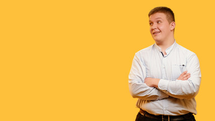 Advertising people. Proud confidence. Successful curious overweight man in shirt showing skeptical looking away isolated on yellow empty space background.