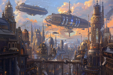 Fototapeta premium A steampunk cityscape with elaborate machinery, airships floating in the sky, and a mix of Victorian and futuristic architecture