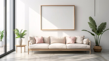 Fototapeta premium Minimalist living room with white walls, light wood furniture and pastel pink pillows
