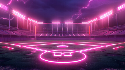 Neon baseball field with pink lights in cartoon style