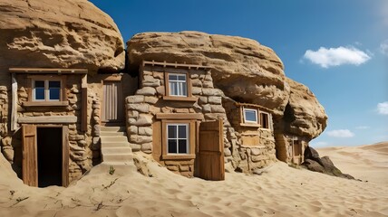 House constructed on the sand vs house constructed on a rock. Parable of the wise and foolish builders. Gospel of Matthew. Hearing Jesus' teachings and putting them into practice. Blue sky with sun.