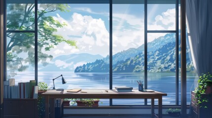Fototapeta premium work/study space overlooking the beautiful lake and mountains creates a comfortable and calm atmosphere, making the mind more relaxed and focused when working