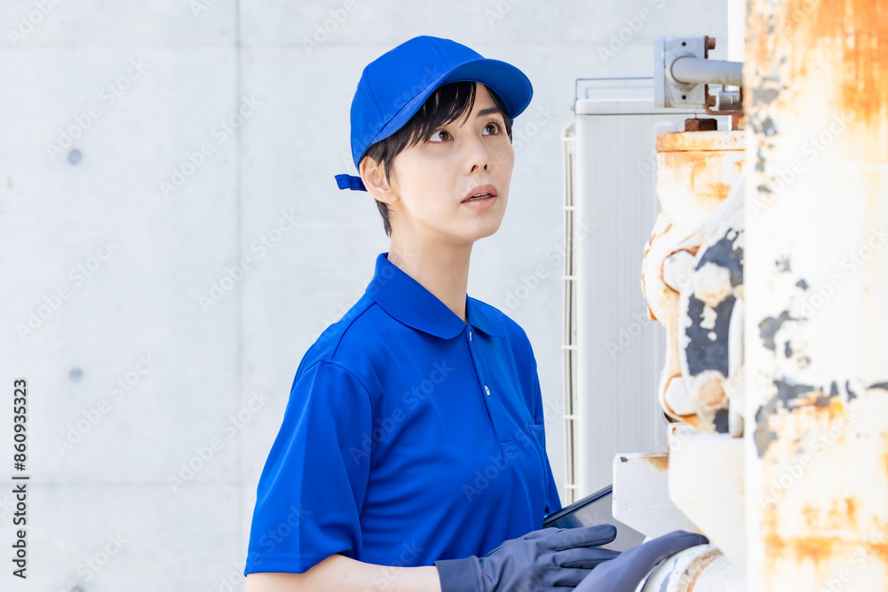 Poster 配管・機械を点検する女性作業員
