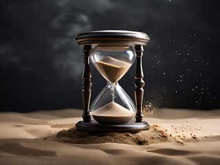Sand passing in hourglass, countdown running time, deadline on empty grey background copy space