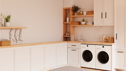Interior of modern laundry room with modern washing machine on white wall background- 3D rendering