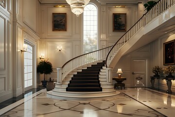 Obraz premium Elegant grand foyer with a sweeping staircase, large windows, and ornate light fixtures.