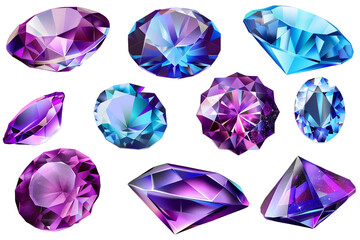 Fototapeta premium set of blue purple gems isolated on transparent background
