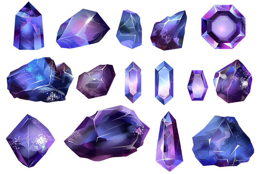 set of blue purple gems isolated on transparent background