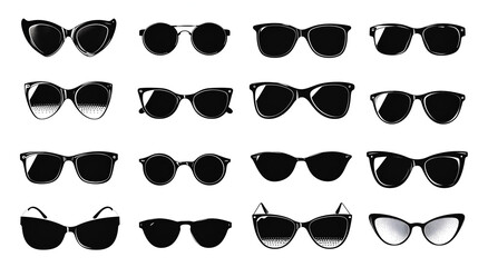collection of sunglasses, sunglasses silhouettes on white background	 