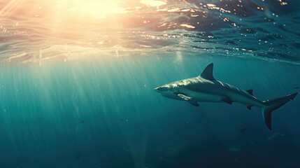 Fototapeta premium A shark is swimming in the ocean with the sun shining on it. Generate AI image