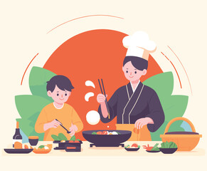 Sushi Chef with Platter of Sushi Illustration.