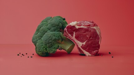 A dramatic confrontation between a piece of meat and broccoli, symbolizing the clash between carnivorism and vegetarianism, perfect for dietary and lifestyle debates. Generative AI