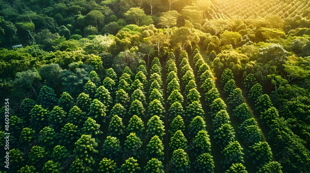 Canvas Prints Aerial View of Lush Coffee Plantation with Rows of Green Coffee Trees in Tropical Landscape