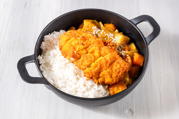 Crispy Fried Chicken with Japanese Curry and Rice - Japanese and Korean Food Style. Perfect for recipe, article, or any cooking contents.