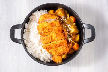 Crispy Fried Chicken with Japanese Curry and Rice - Japanese and Korean Food Style. Perfect for recipe, article, or any cooking contents.