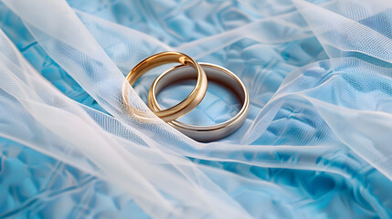 Two intertwined gold wedding rings resting on a blue quilted fabric A white veil adds a touch of elegance and softness to the scene For wedding invitations or bridal shop promotions : Generative AI