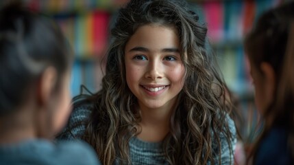 Fototapeta premium Close-up of a young Caucasian girl with long curly hair, smiling at her peers during a library session.