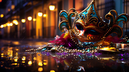 Fototapeta premium Colorful Masquerade Mask on Wet Street with Beads and Feathers Illuminated by Streetlights