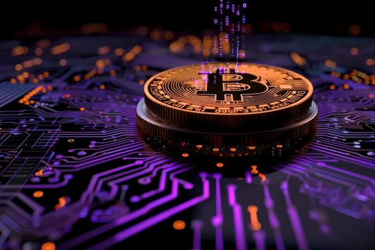  A Tezos logo on a purple background, with intricate smart contract designs, the coin sparkles in silver and blue, levitating above a digital mosaic, surrounded by a dark blue border