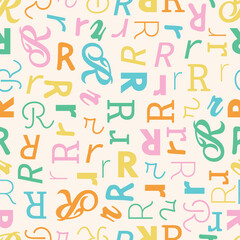 Letter R Alphabet seamless pattern playful decorative repeat backdrop background colorful decoration wrapping paper initial baby