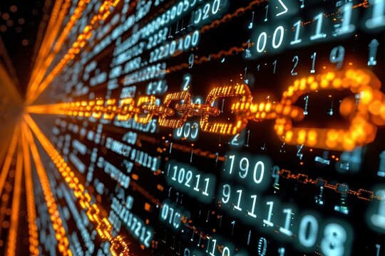 A VeChain logo on a gray background, with seamless digital threads, the symbol glows in blue and green, floating above a blockchain grid, bordered by a black frame