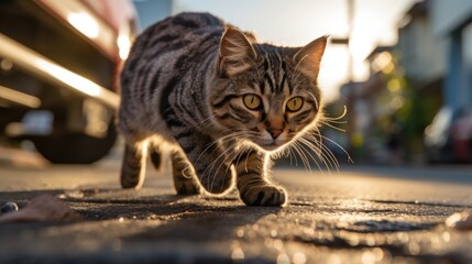 Obraz premium Closeup of a Curious Tabby Cat Strolling on a Sunlit Street in the Afternoon