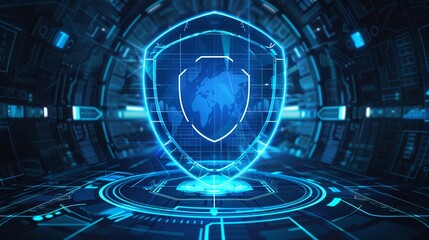 Protection shield on blue digital background. Cyber security concept. Data protection in High-tech system