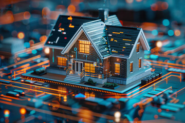 Miniature of a house on an abstract futuristic background, representing an intelligent, smart home concept
