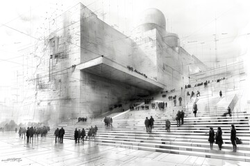  Abstract black and white architectural sketch of a grand boulevard with trees and pedestrian...