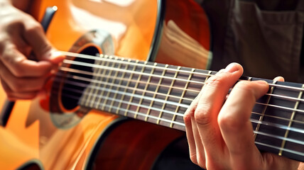 Fototapeta premium Close-Up of Hands Playing Acoustic Guitar with Warm Lighting and Detailed Strings