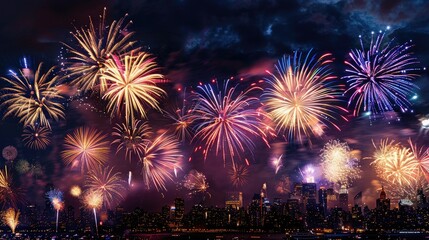 A dazzling display of colorful fireworks illuminating the night sky over a cityscape, celebrating a festive event with vibrant bursts of light.